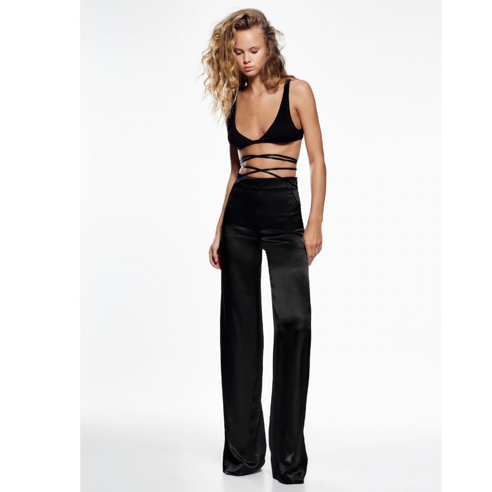 Zara Black Satin Pants With Waist Drawstring NWT